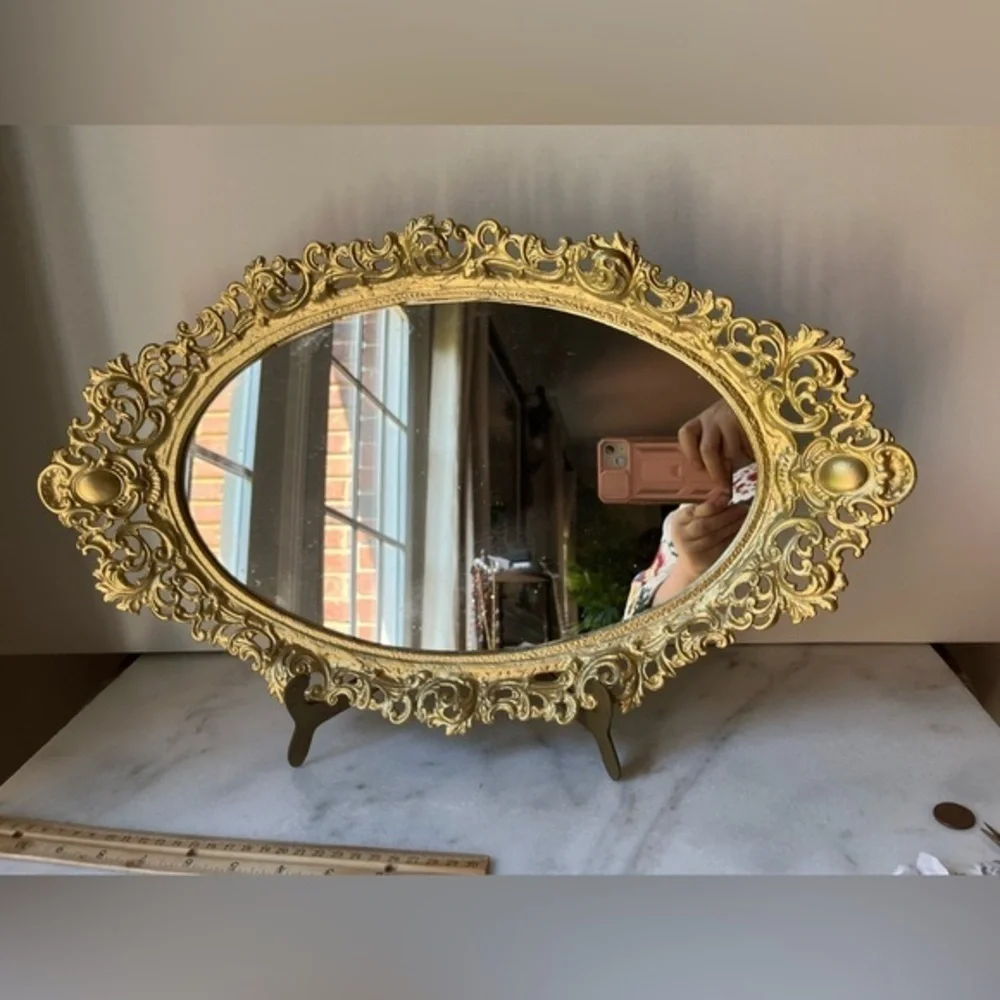 Vintage gold ornate oval wall mirror or vanity tray by Robert Emig 1960
